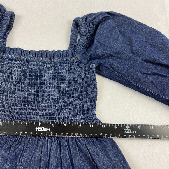J.Crew Chambray Denim Smocked Puff-Sleeve Dress Women's XXS Blue Midi Casual NWT - Picture 8 of 13